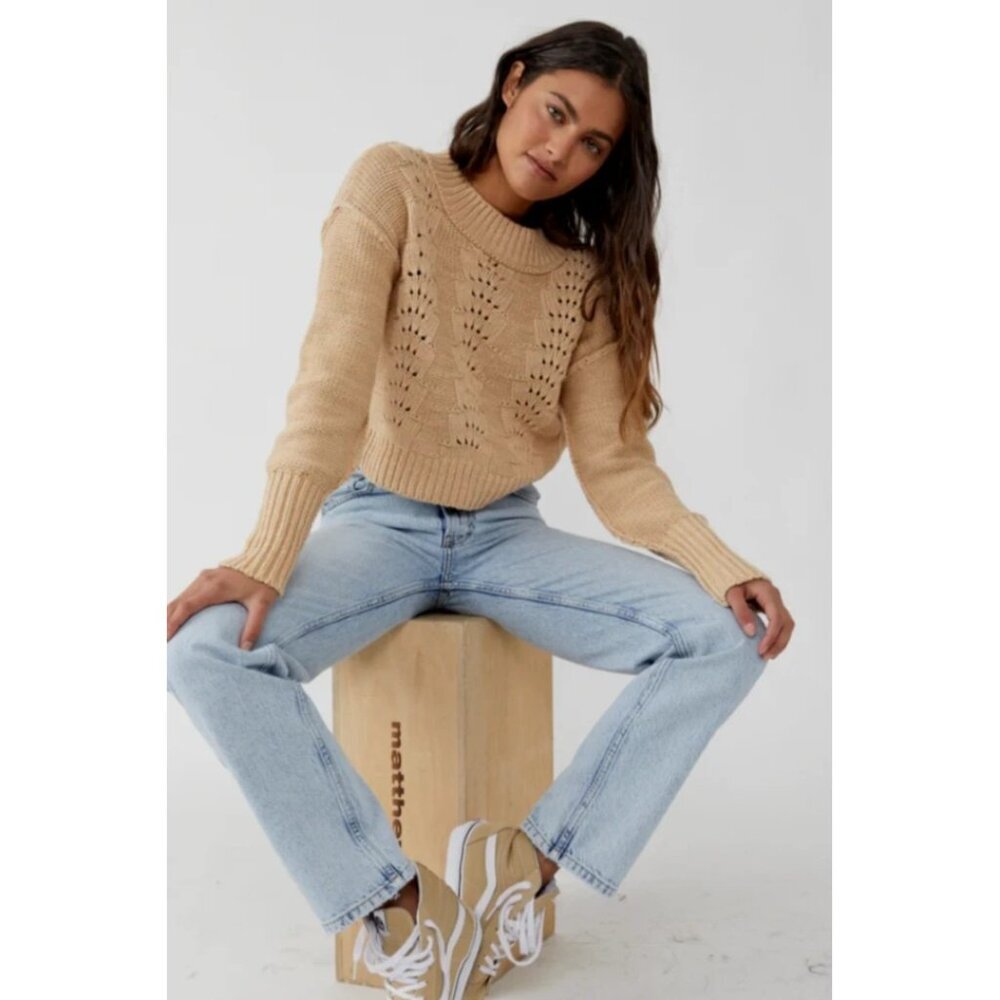 Free People Bell Song Mixed Knit Pullover Sweater Sandcastle Beige Size Small - Picture 2 of 14